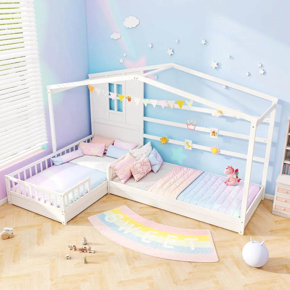 Double Twin Beds for Kids, House L-Shaped Platform Beds with Window & Fences, Wooden Corner Montessori Bed Frame for Boys Girls
