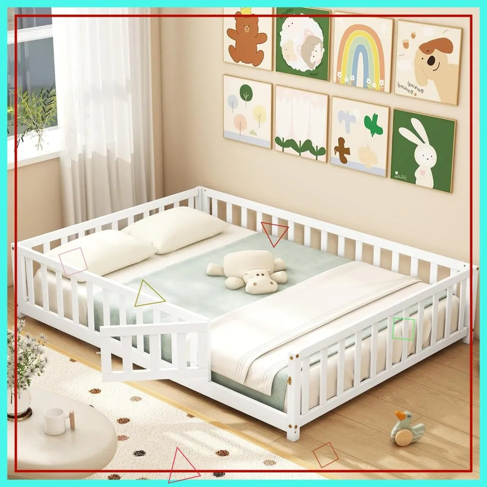 Full Size Montessori Floor Bed for Kids with Safety Guardrails & Door, Low Profile Solid Wood Frame, White