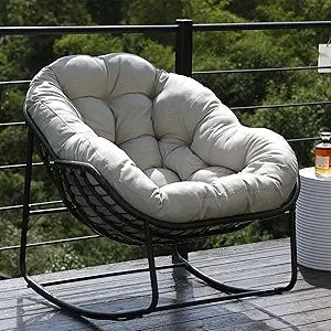 "Outdoor Wicker Egg Swing Chair, Comfortable Oversized Indoor Papasan Seat with Cushion, Royal Rattan Rocking Furniture"