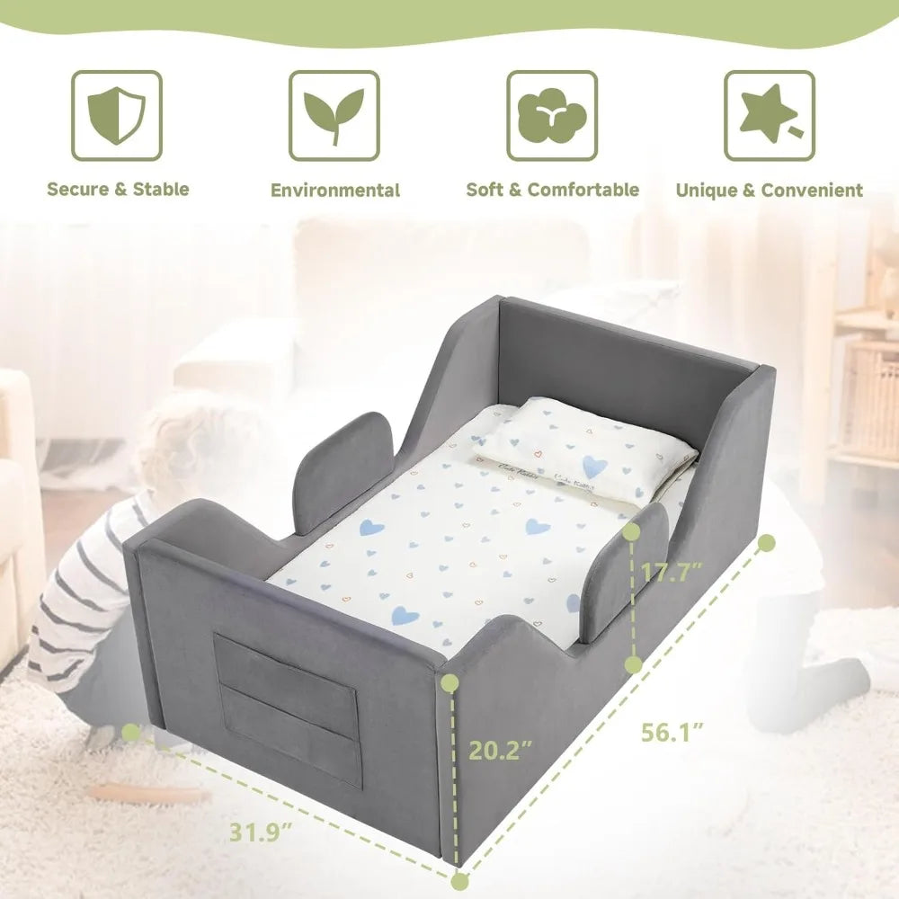 Toddler Floor Bed with Removable Safety Rails Kids Bed, Standard Crib Size, Safety Upholstered