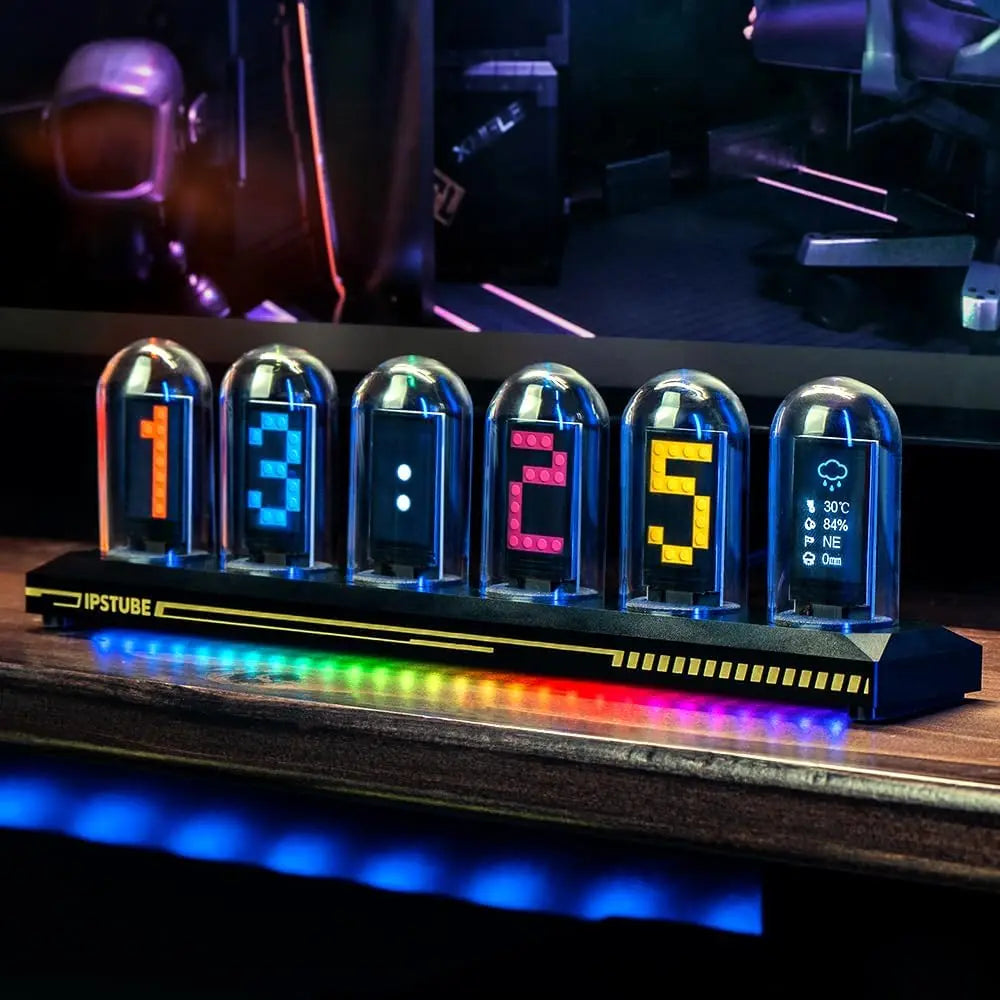 Night Light DIY Nixie Tube Clock Kit Simulation, Digital Clock APP Time Calibration, 3 Light Mode, 12/24h Display IPS