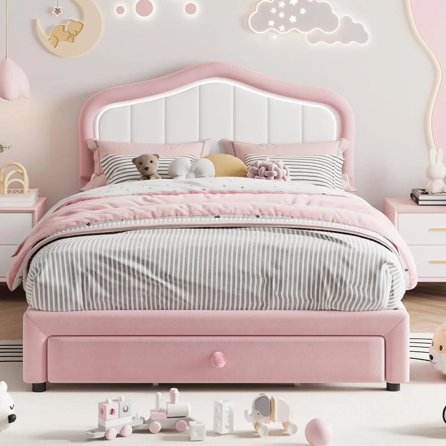 Kids Upholstered Bed Frame with LED Crown Headboard, Velvet Fabric and Metal-Wood Construction, Modern Princess Style Platform B