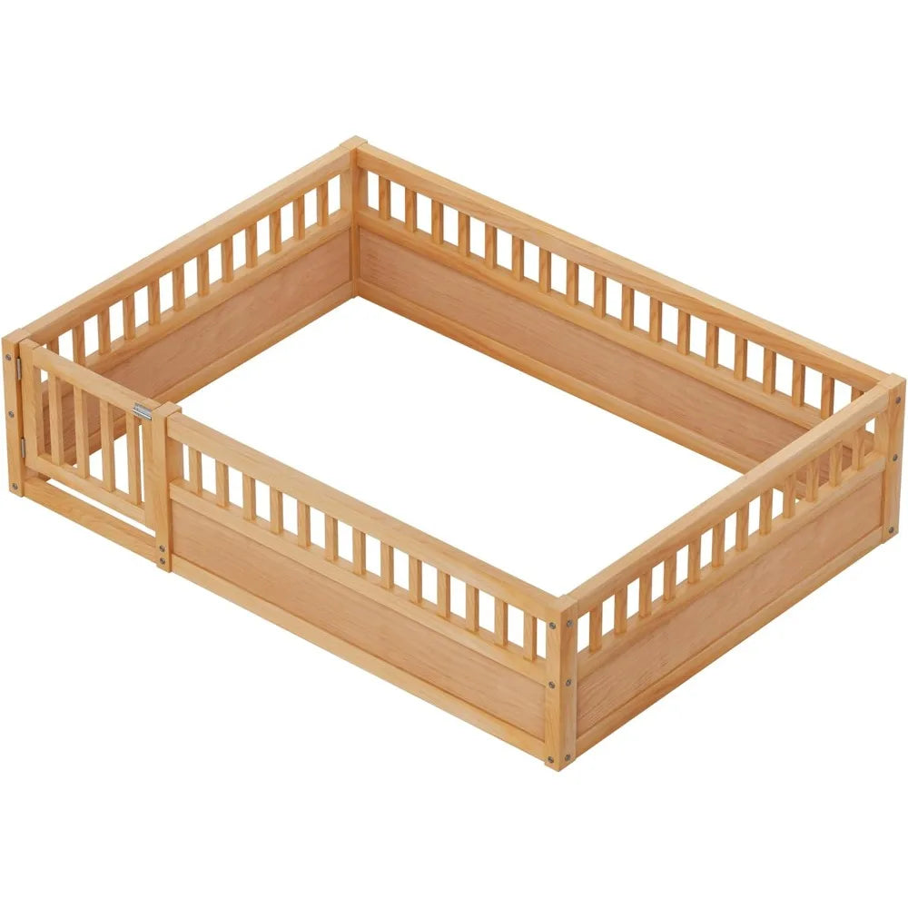 Full Size Floor Bed Frame with Convertible Door & Guardrails for Girls & Boys Bedroom, Montessori Bed/Near Ground Safety Design