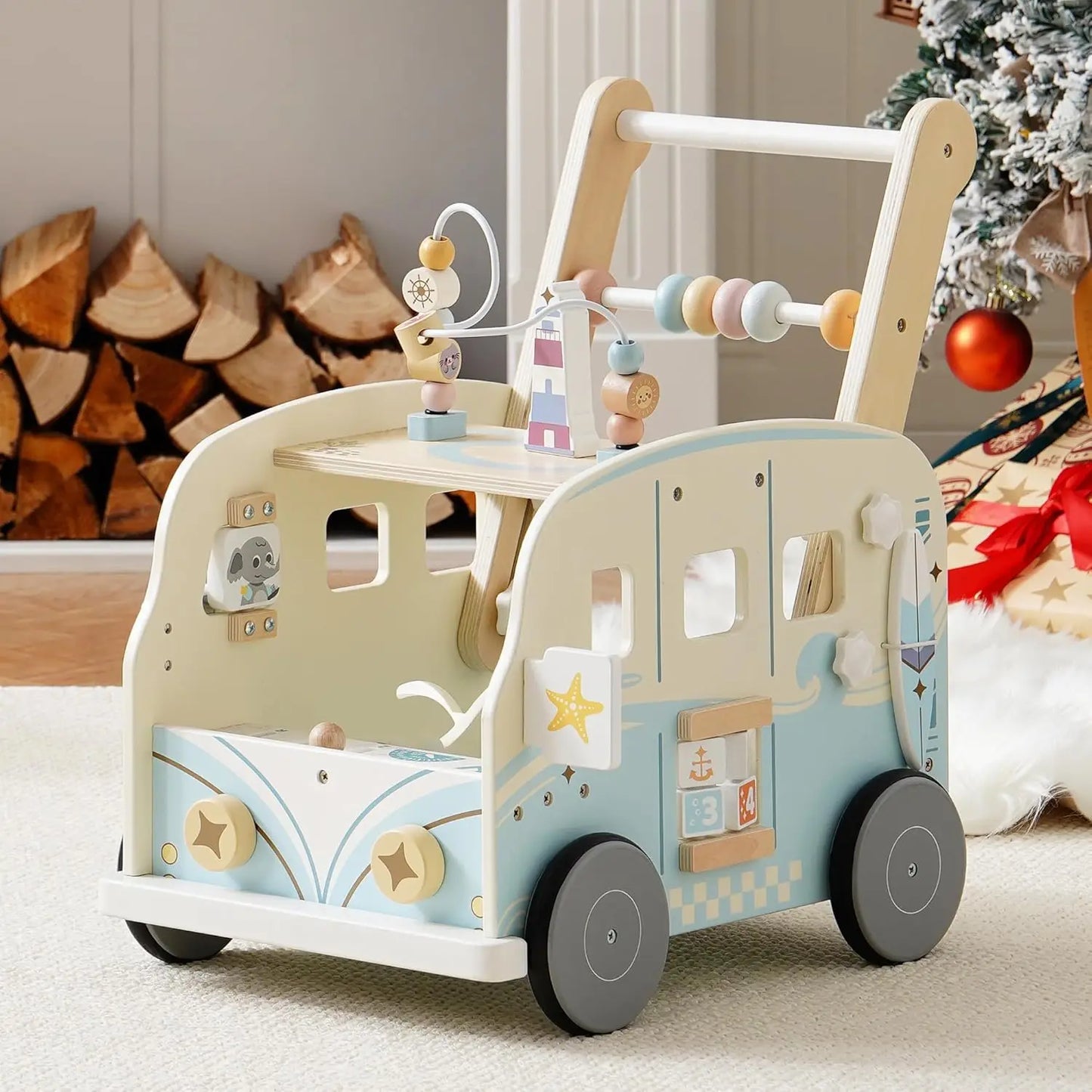 Wooden Baby Walker Bus Style With Ocean Pattern and Adjustable Wheel Tension