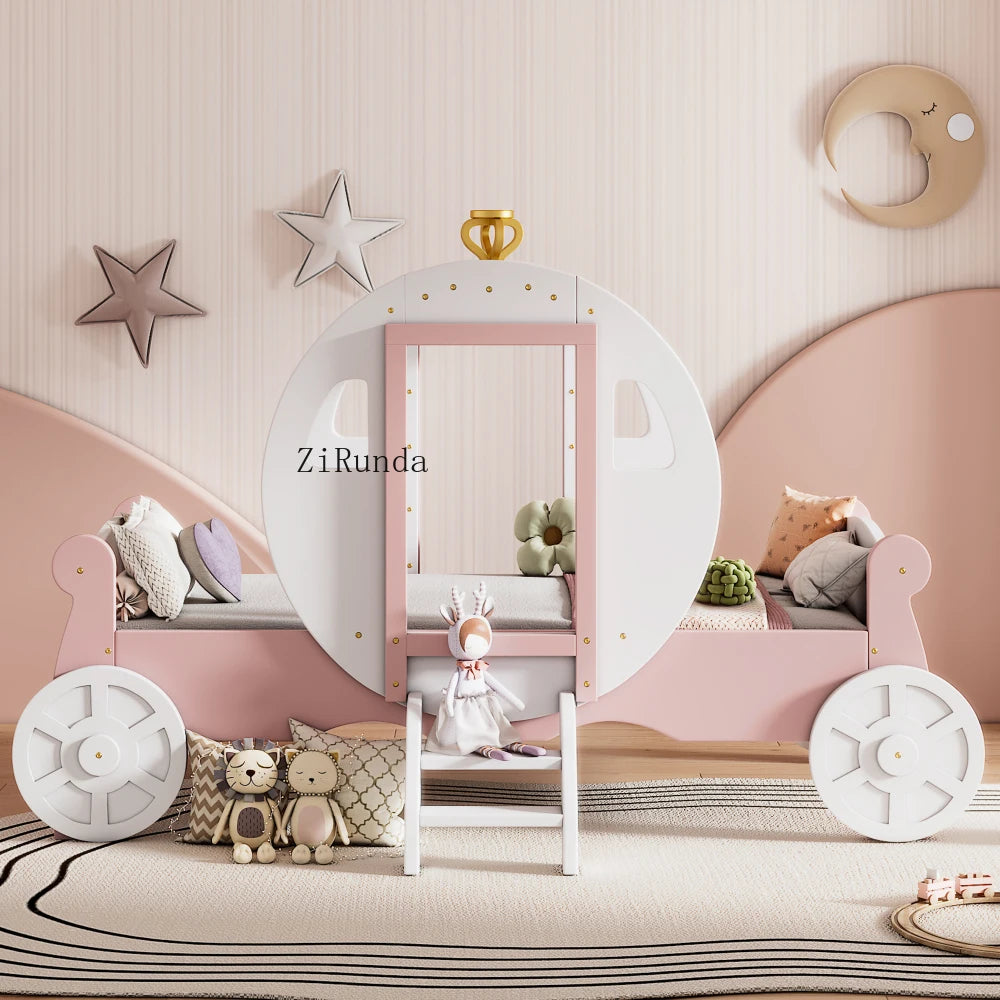 Twin princess carriage bed with crown, wooden platform lathe, stairs, white+pink