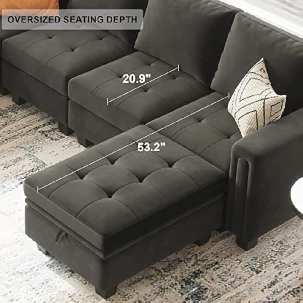 Velvet Modular Sectional Sofa With Storage Ottoman And Reversible Chaise