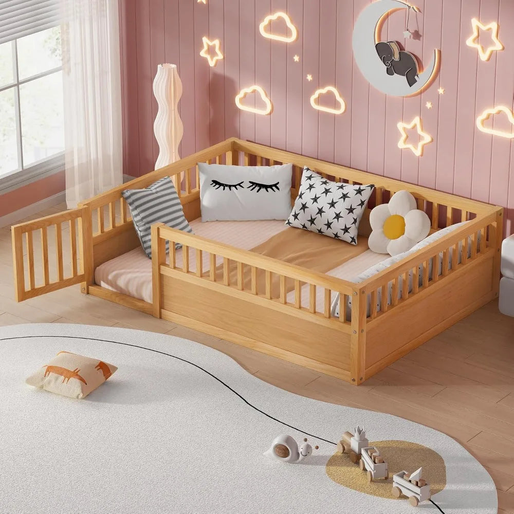 Full Size Floor Bed Frame with Convertible Door & Guardrails for Girls & Boys Bedroom, Montessori Bed/Near Ground Safety Design