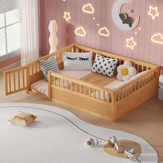 Full Size Floor Bed Frame with Convertible Door & Guardrails for Girls & Boys Bedroom, Montessori Bed/Near Ground Safety Design