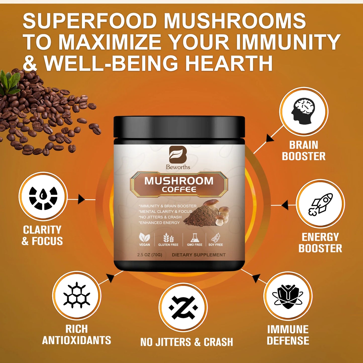 Beworths Mushroom Coffee Reishi Lions Mane Blend Immunity Focus