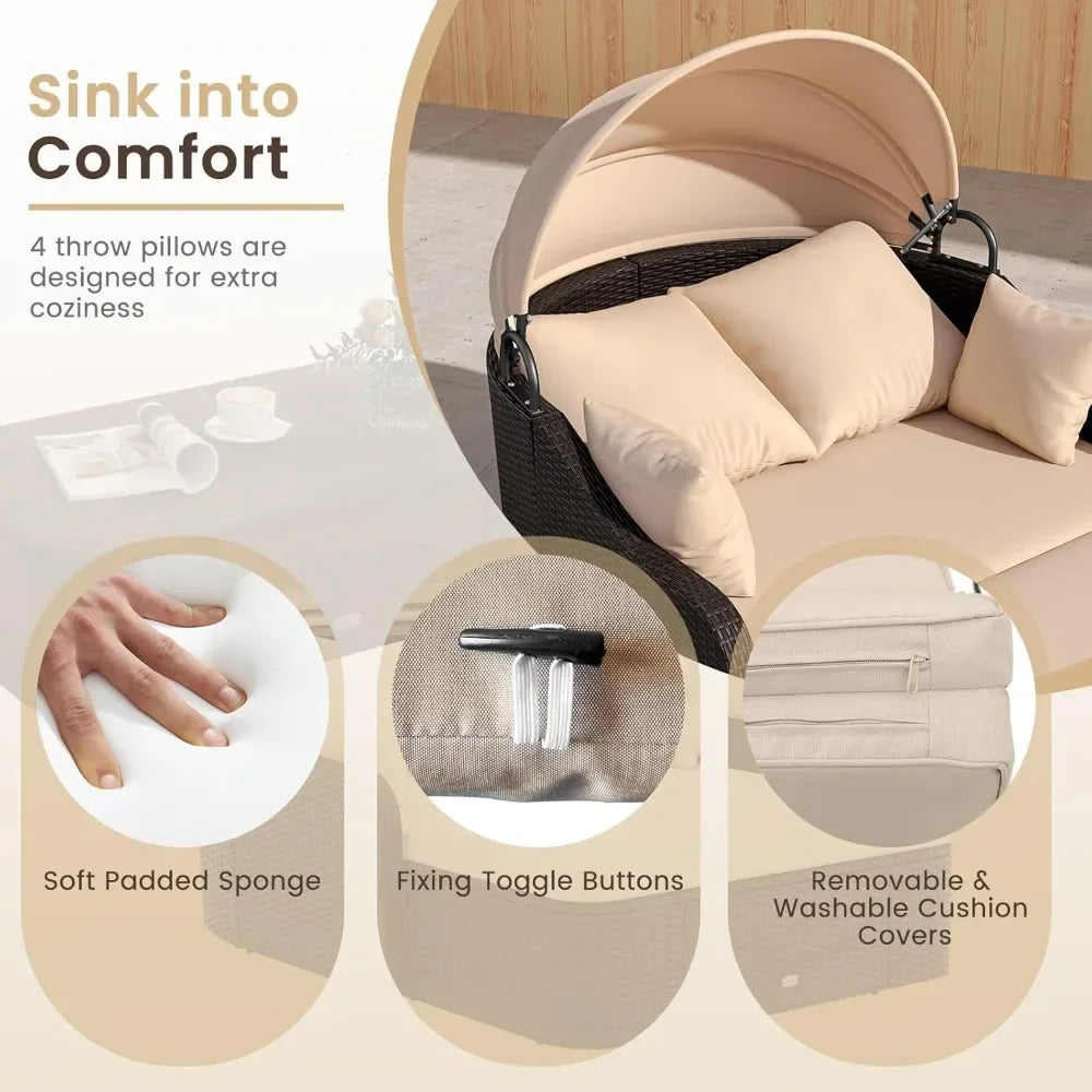 Outdoor Daybed With Retractable Canopy PE Rattan Chaise Lounge Pillows