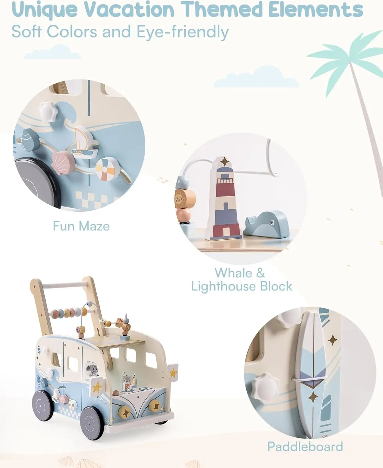 Wooden Baby Walker Bus Style With Ocean Pattern and Adjustable Wheel Tension