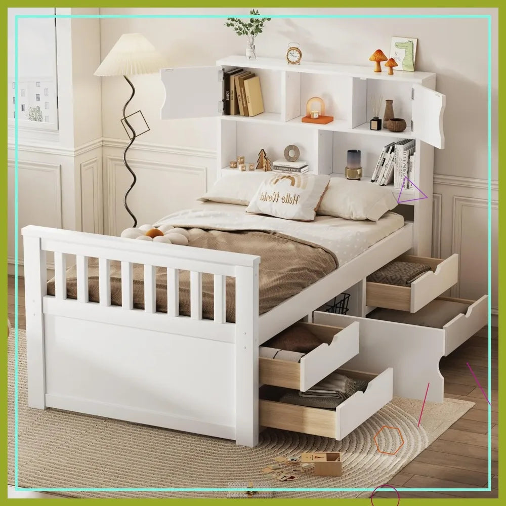 Twin Size Captains Bed Frame with Storage Drawers, Wood Platform Bed with Bookcase Headboard for Kids Teens, White