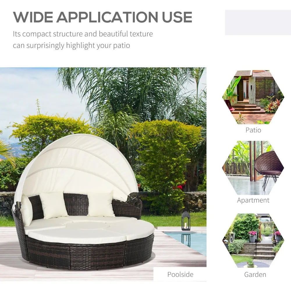 Round Convertible Daybed PE Rattan Wicker Sofa Set with Canopy