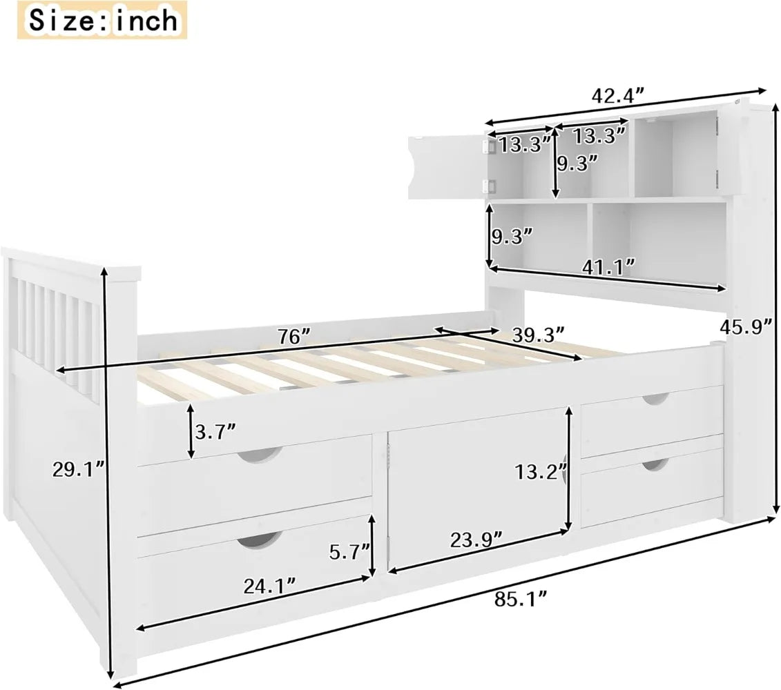 Twin Size Captains Bed Frame with Storage Drawers, Wood Platform Bed with Bookcase Headboard for Kids Teens, White