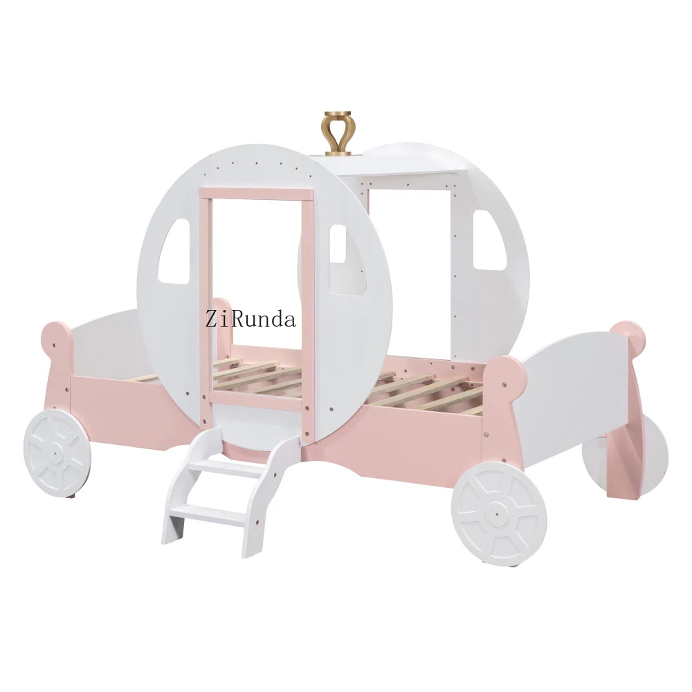Twin princess carriage bed with crown, wooden platform lathe, stairs, white+pink