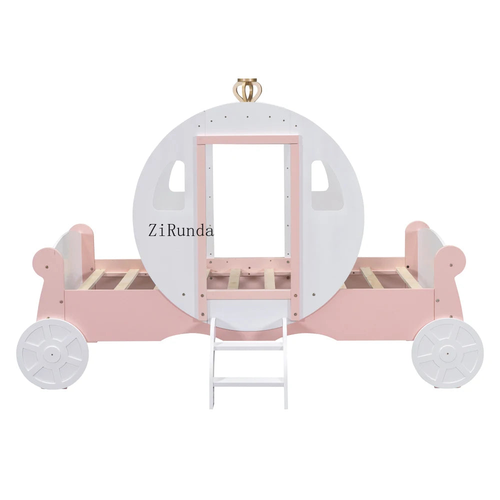 Twin princess carriage bed with crown, wooden platform lathe, stairs, white+pink
