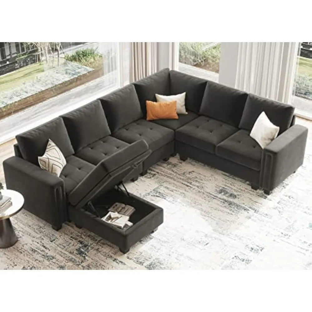 Velvet Modular Sectional Sofa With Storage Ottoman And Reversible Chaise