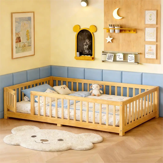 Full Size Montessori Floor Bed with Safety Guardrails & Removable Door for Kids, Wood Toddler Bed Frame