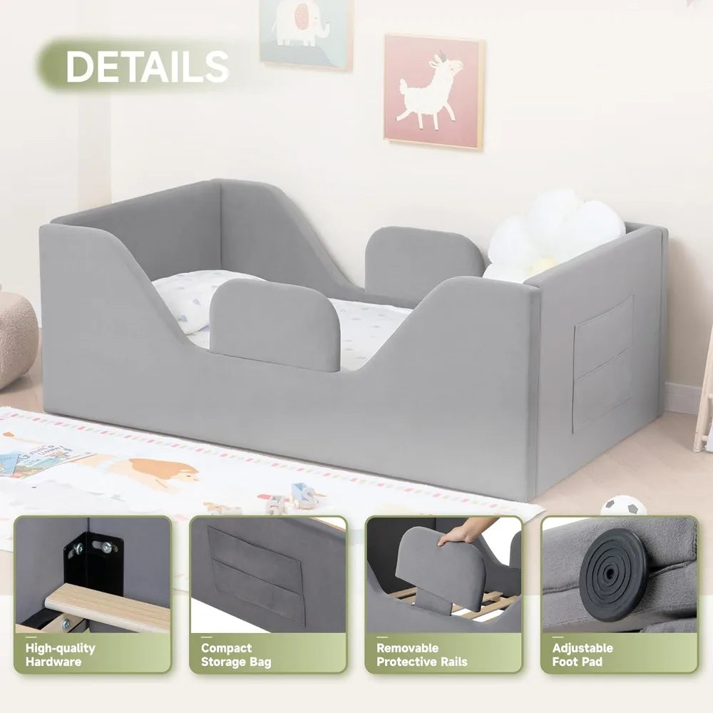 Toddler Floor Bed with Removable Safety Rails Kids Bed, Standard Crib Size, Safety Upholstered