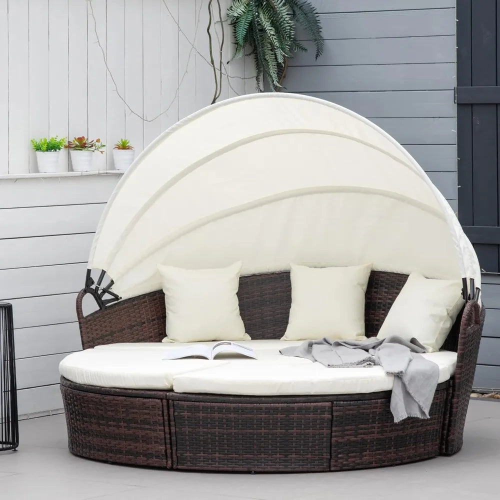 Round Convertible Daybed PE Rattan Wicker Sofa Set with Canopy