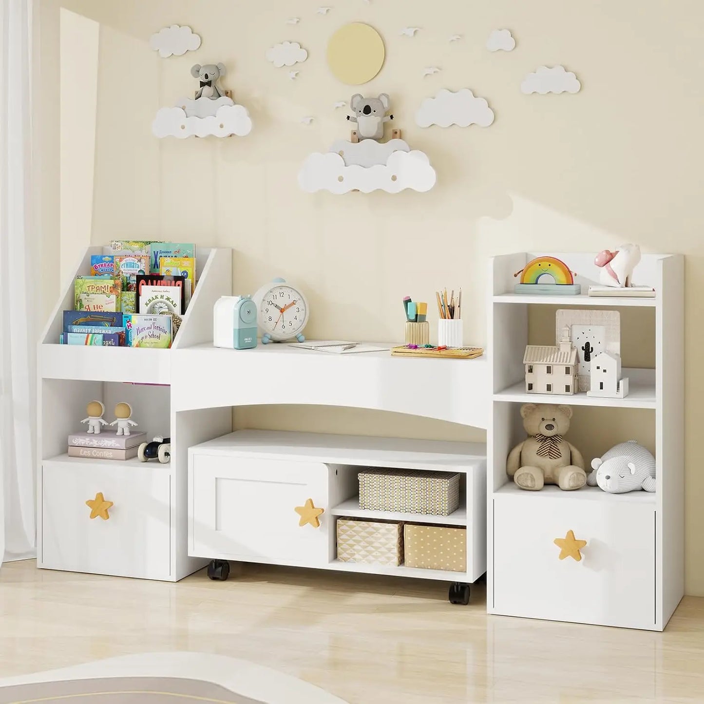 Kids Bookshelf With Reading Nook Desk And Toy Storage Drawers
