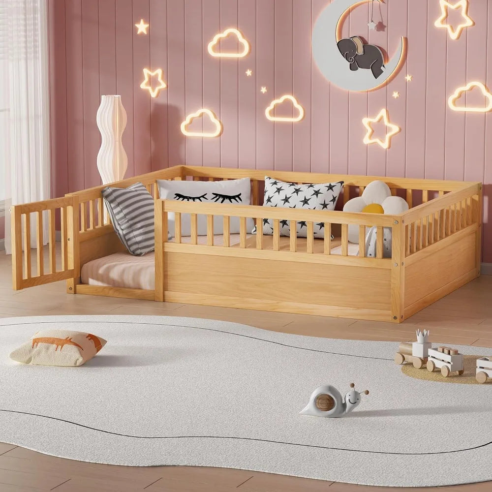 Full Size Floor Bed Frame with Convertible Door & Guardrails for Girls & Boys Bedroom, Montessori Bed/Near Ground Safety Design