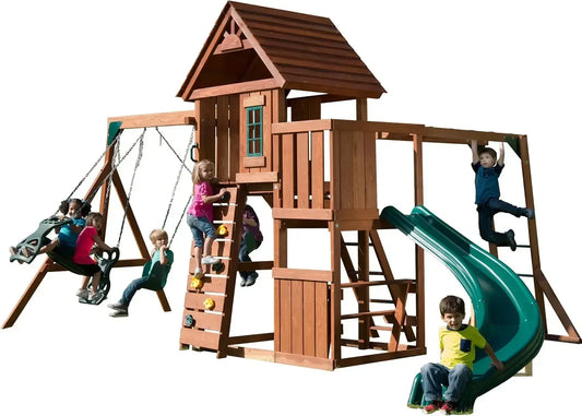 Swing Set Play Set with Two Swings, Slide, Monkey Bars, Picnic Table & Glider, Green