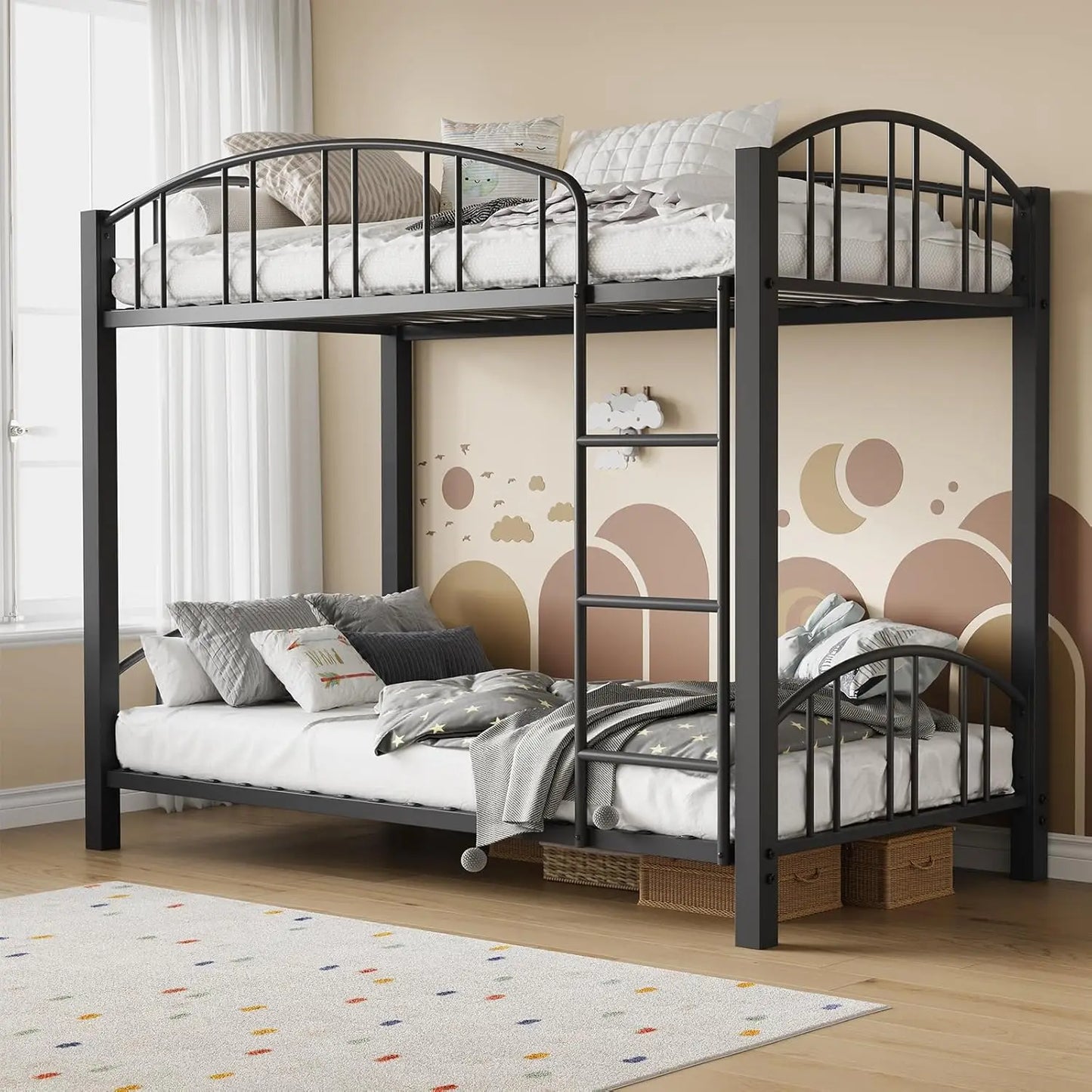 Metal Bunk Bed Twin Over Twin with Stairs and Arched Guardrail Space Saving Ideal for Girls and Boys Room and Dorm, Black