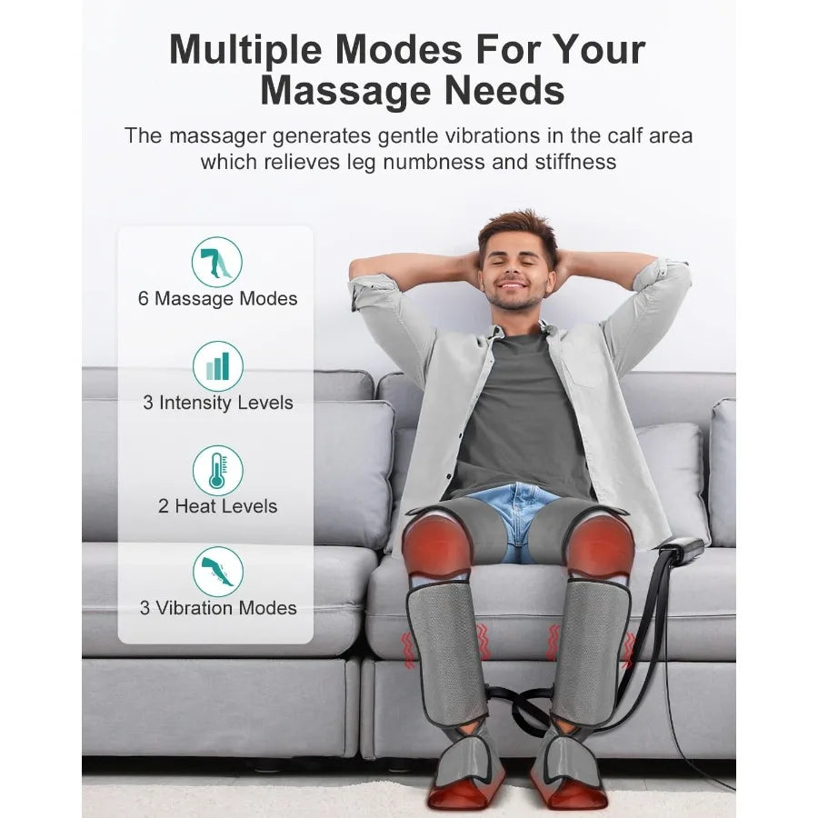 Leg Massager for Circulation and Pain Relief Air Compression Foot Calf Thigh Massager with 2 Heat and 3 Vibration Functions 6 M