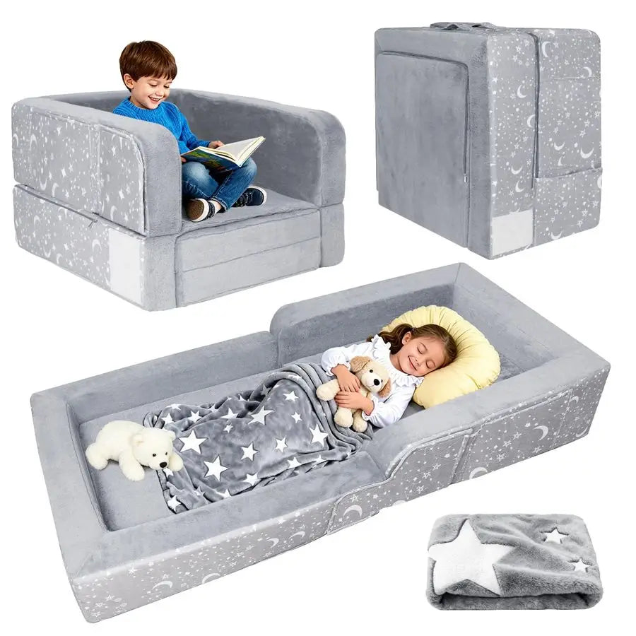 Toddler Travel Bed, 2 in 1 Foldable Toddler Bed Sofa Chair, Soft Baby Kids Travel Floor Beds with Washable Cover, Blanket, Safet