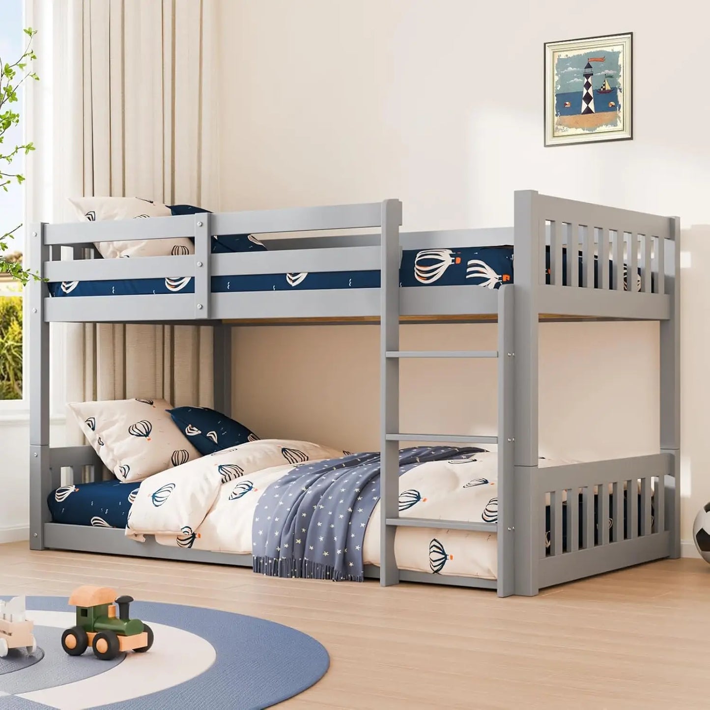 Solid Wood Low Twin Over Twin Bunk Bed with Guardrails & Ladder for Kids Junior Bedroom, No Box Spring Needed, Customized