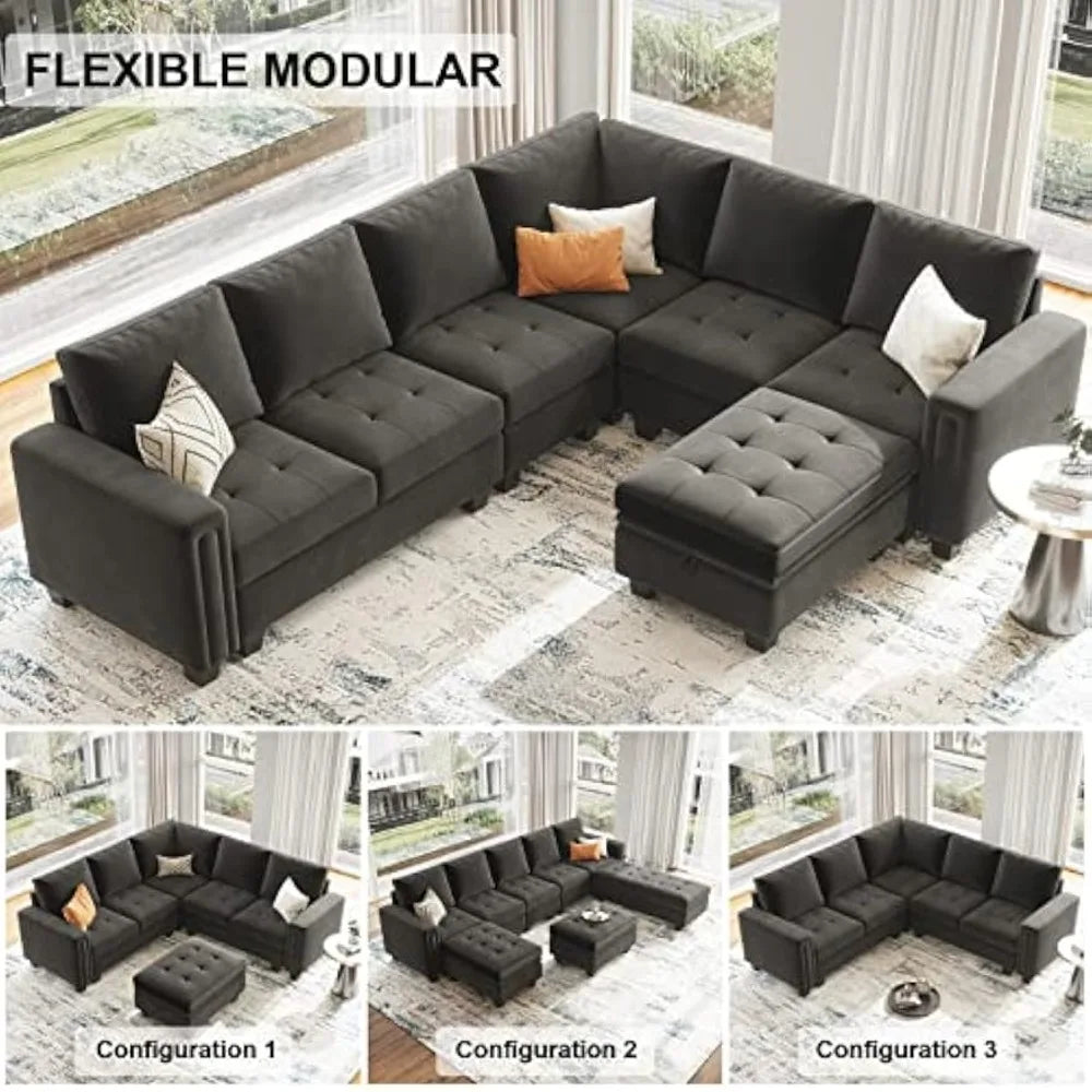 Velvet Modular Sectional Sofa With Storage Ottoman And Reversible Chaise