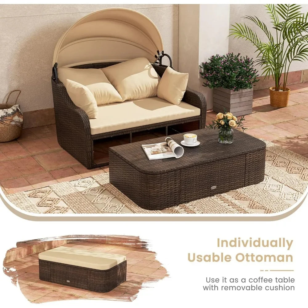 Outdoor Daybed With Retractable Canopy PE Rattan Chaise Lounge Pillows