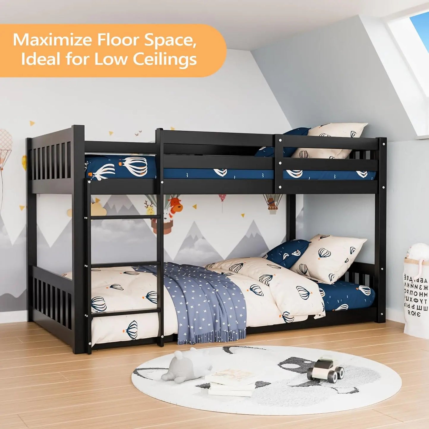 Solid Wood Low Twin Over Twin Bunk Bed with Guardrails & Ladder for Kids Junior Bedroom, No Box Spring Needed, Customized