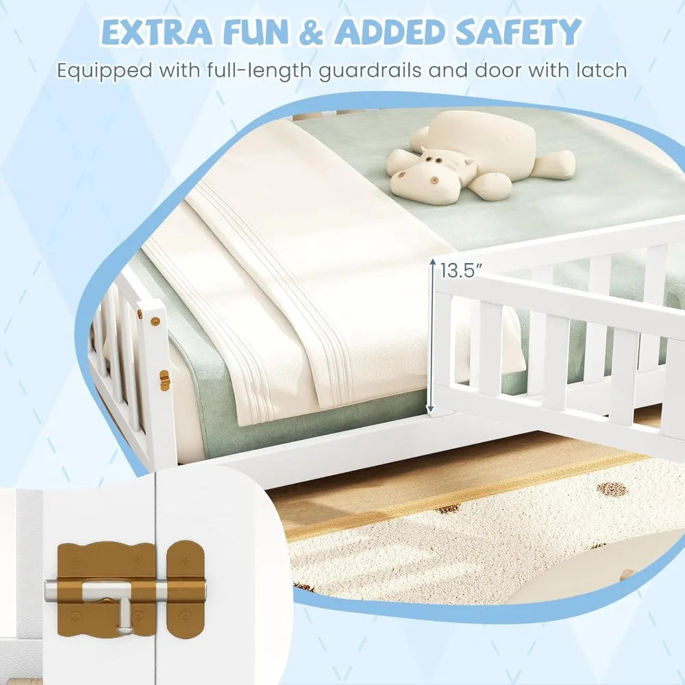 Full Size Montessori Floor Bed for Kids with Safety Guardrails & Door, Low Profile Solid Wood Frame, White