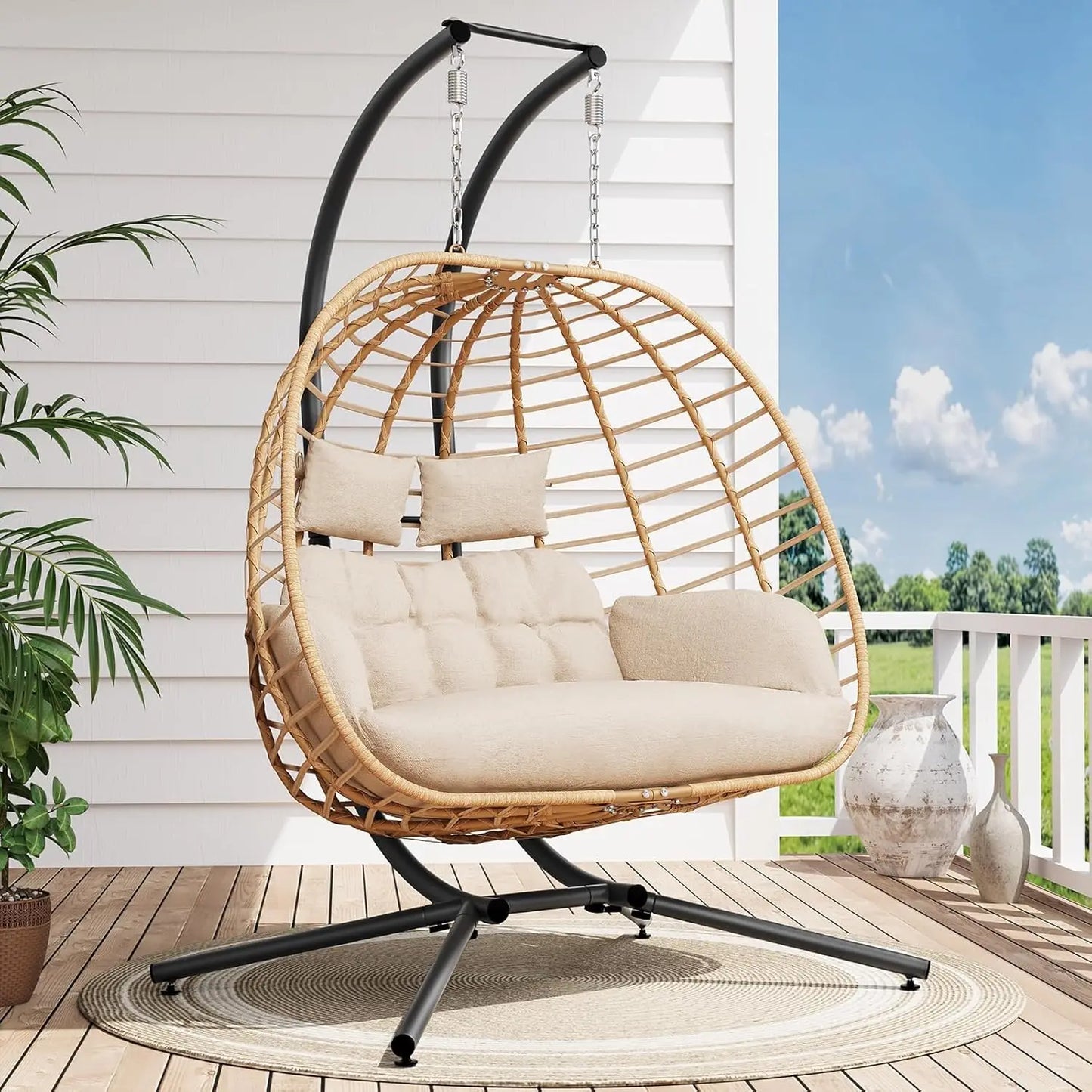 Double Hanging Egg Chair with Stand, Outdoor Patio 2 Person Wicker Hammock Swing Chairs with Cushion Loveseat for, Customized