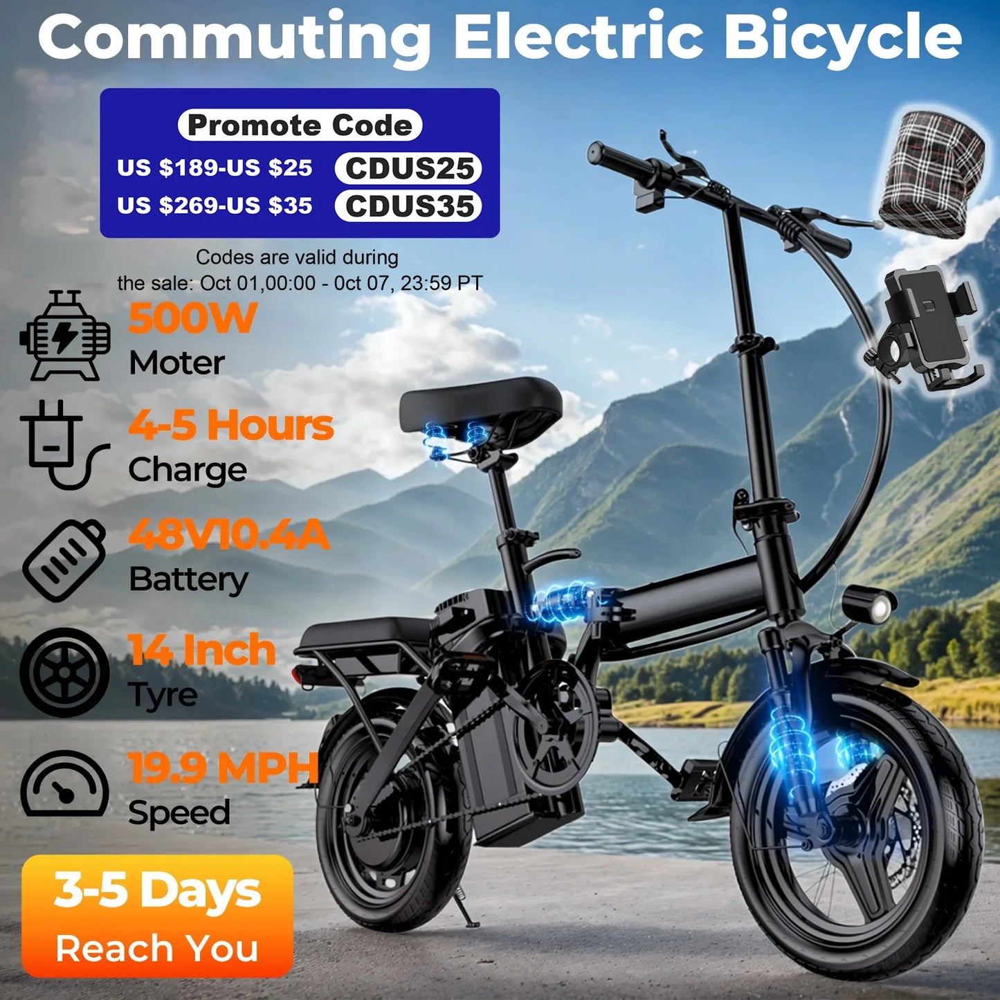 LELEKUAI 500W Folding Electric Bike 20 MPH With Battery