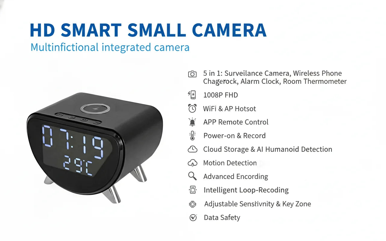 4K UHD WiFi Clock Camera With Motion Detection And Qi Wireless Charging