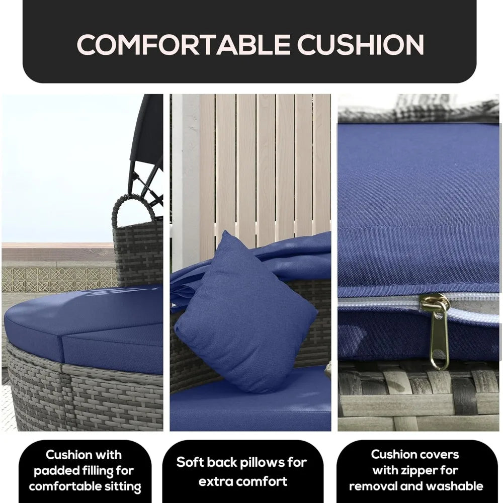 Round Rattan Daybed Patio Furniture Set With Adjustable Sun Canopy