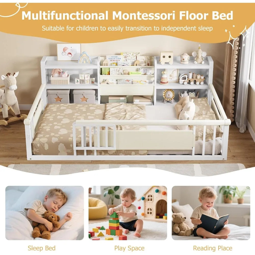 DAFIFY Montessori Floor Bed With Storage Bookcase And Safety Rails For Kids