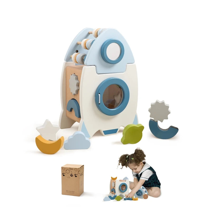 Baby Carrier Wooden Rocket Puzzle Blocks For Hand Eye Coordination