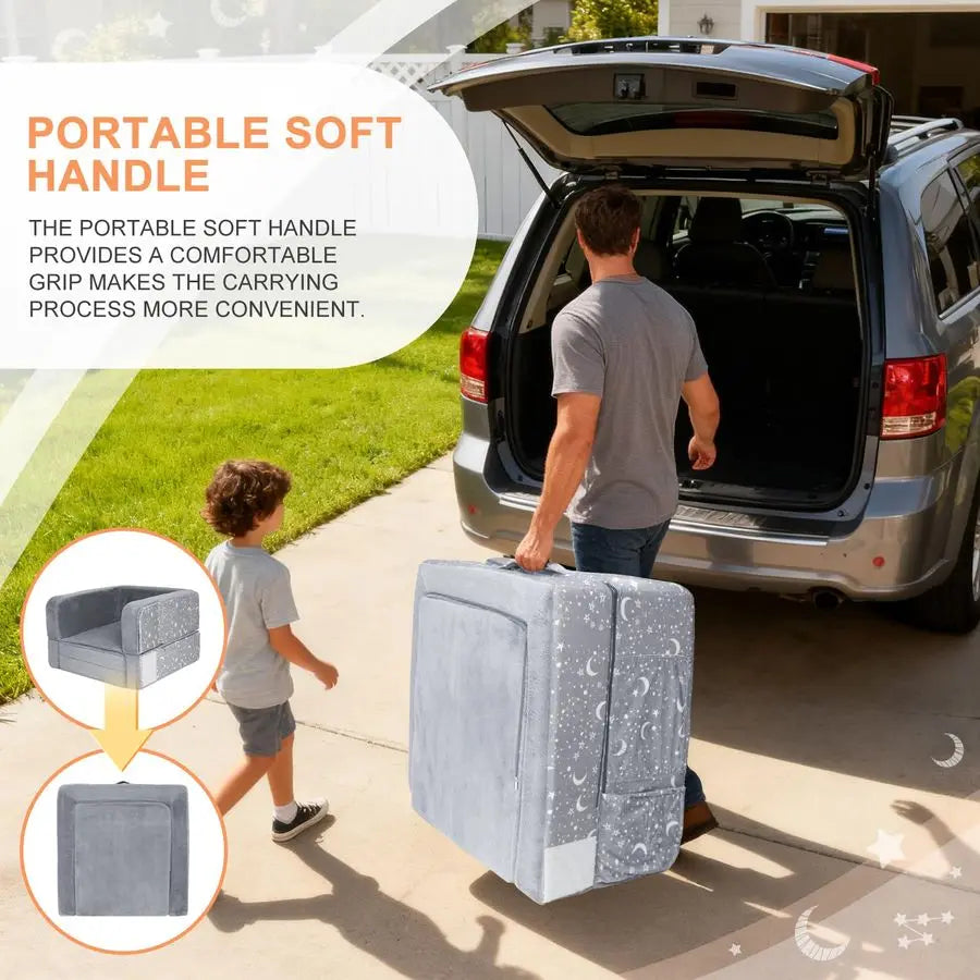 Toddler Travel Bed, 2 in 1 Foldable Toddler Bed Sofa Chair, Soft Baby Kids Travel Floor Beds with Washable Cover, Blanket, Safet