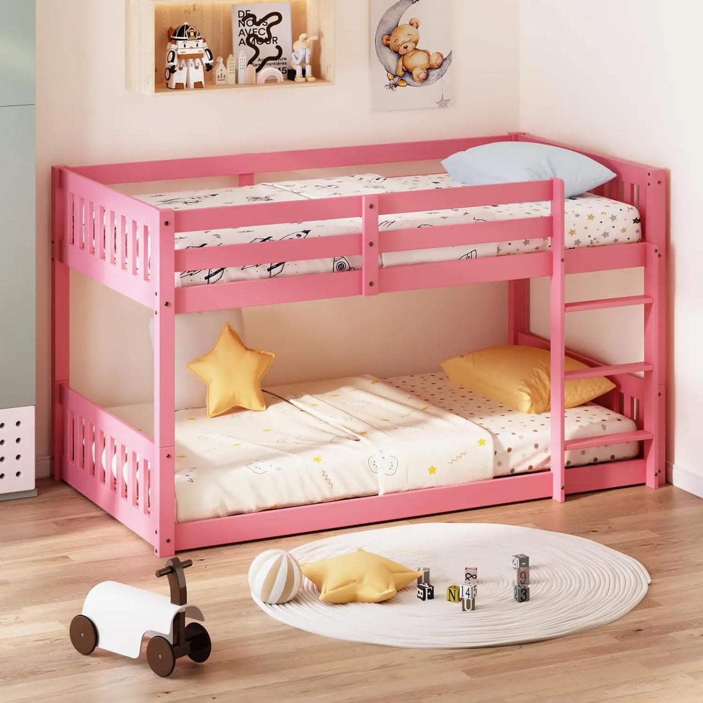 Solid Wood Low Twin Over Twin Bunk Bed with Guardrails & Ladder for Kids Junior Bedroom, No Box Spring Needed, Customized