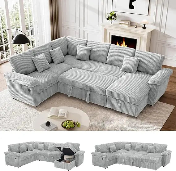 NONECN Sectional Sleeper Sofa With Corduroy Pull Out Bed And Storage Chaise