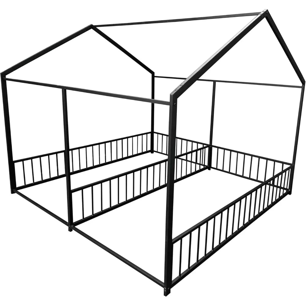 Double Montessori Floor Bed with Fence & Roof for Two Kids Teens Boys Girls,Twin Floor Bed,Easy Assemble,No Box Spring Needed, B