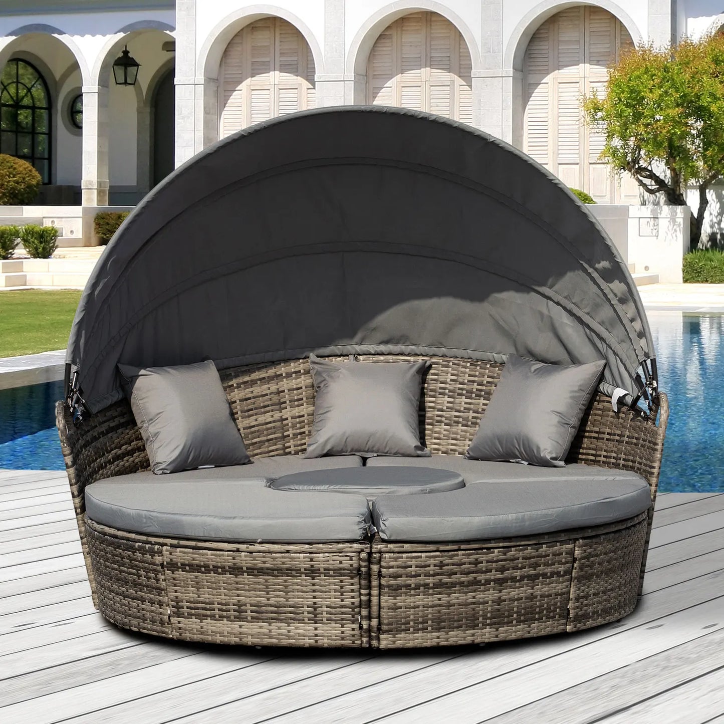 Outdoor Convertible Daybed, 4Pc Furniture Set, Sofa, Coffee Table, Chairs, Gray