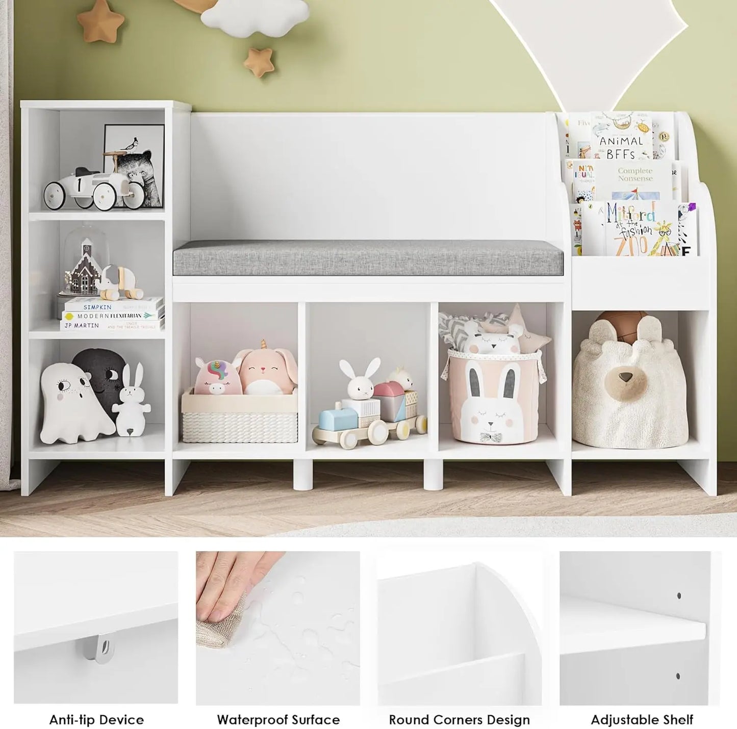 Kids Reading Nook Bench And White Bookshelf Organizer With 7 Cubbies