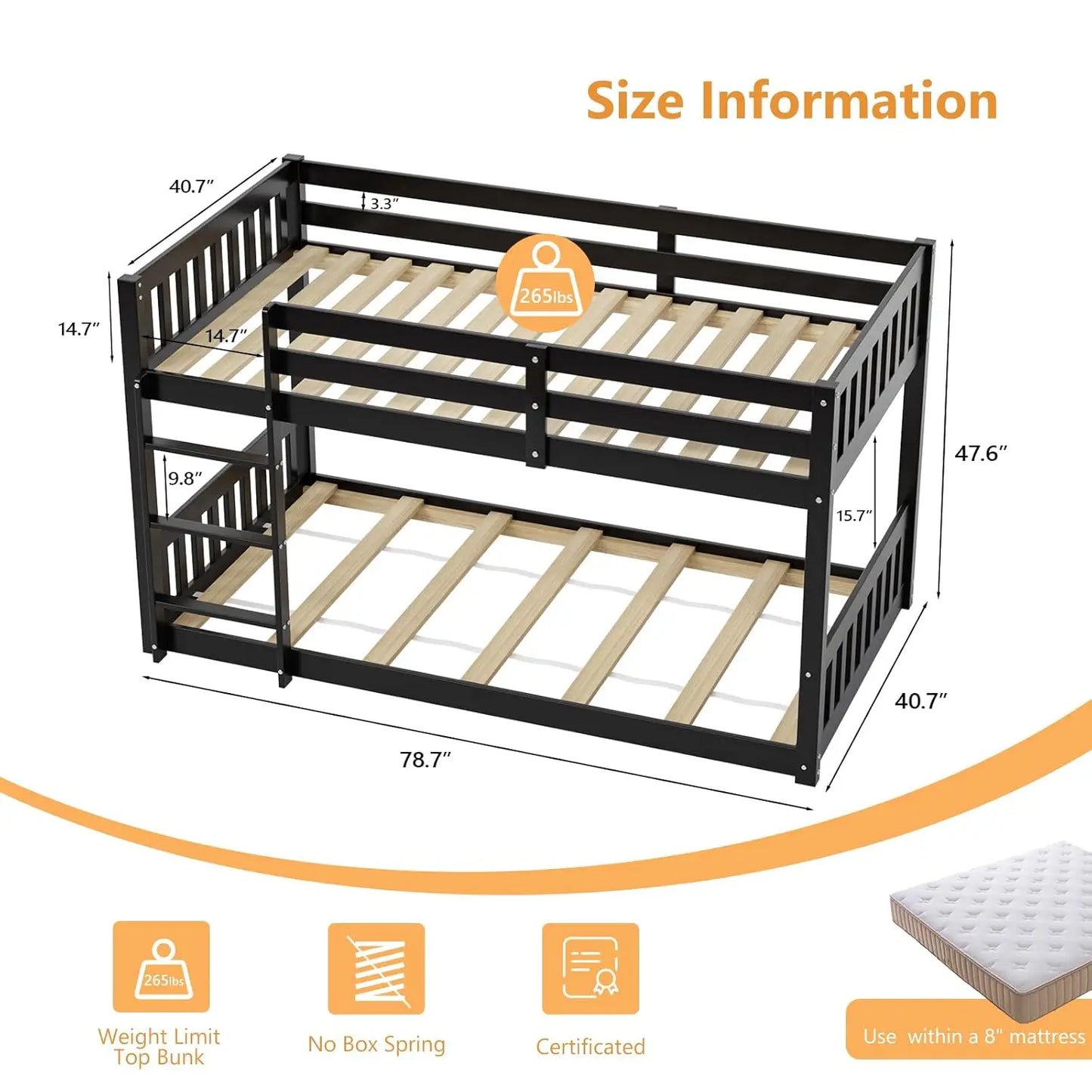 Solid Wood Low Twin Over Twin Bunk Bed with Guardrails & Ladder for Kids Junior Bedroom, No Box Spring Needed, Customized