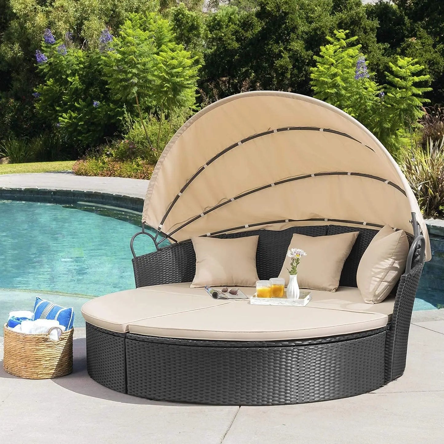 Outdoor Daybed With Retractable Canopy Rattan Wicker Sectional Washable Cushions