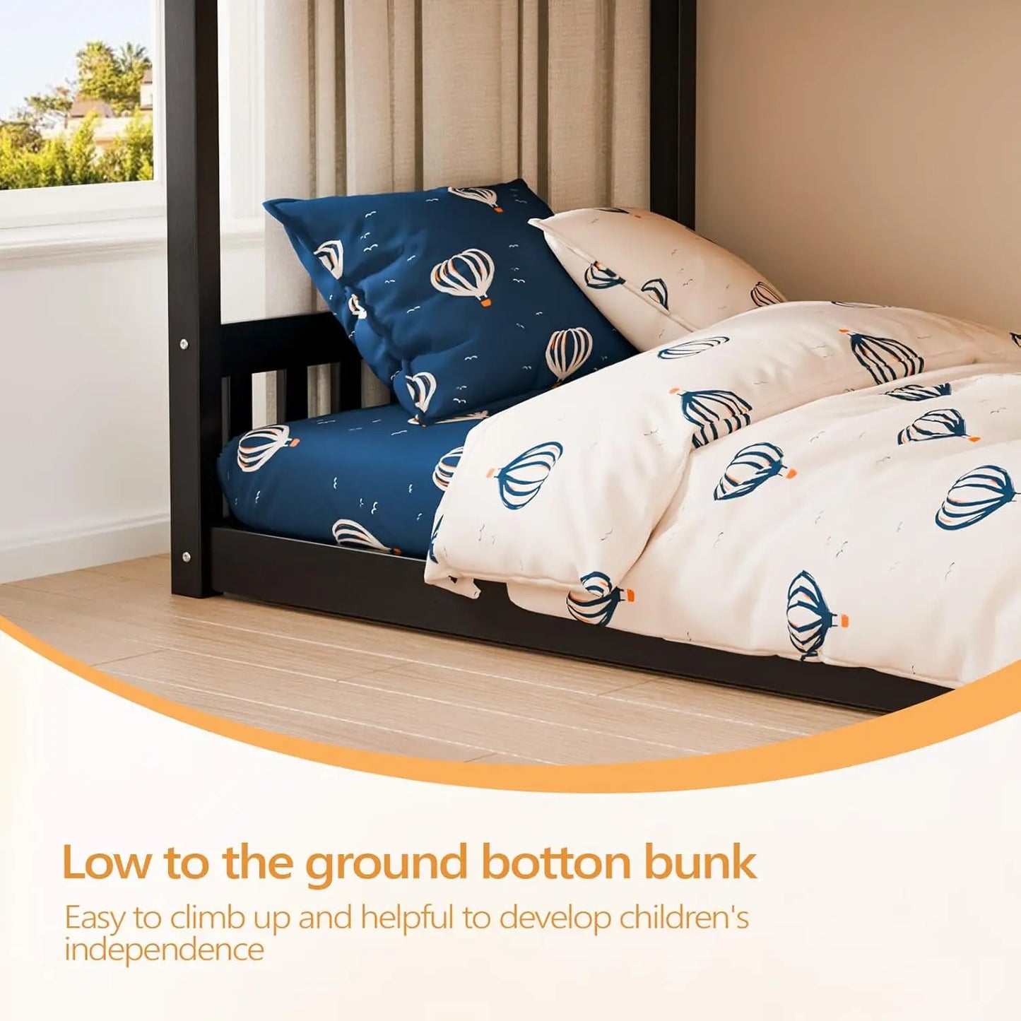 Solid Wood Low Twin Over Twin Bunk Bed with Guardrails & Ladder for Kids Junior Bedroom, No Box Spring Needed, Customized